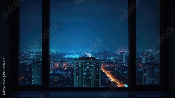 Obraz View of the night city through the window. Dark and melancholic atmosphere.