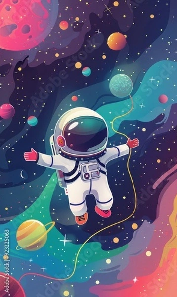 Fototapeta Cute cartoon astronaut floating and exploring space, illustration