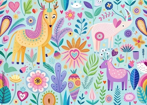 Fototapeta Whimsical Valentine's Delights: Playful, whimsical, bright pastels, abstract shapes, animal motifs