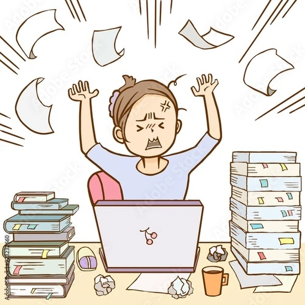 Fototapeta 散らかったデスクで働く女性