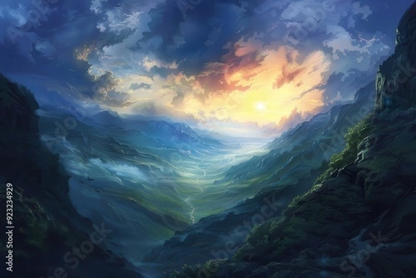 Obraz Sunlit Valley Between Mountain Ranges With Cloudy Sky