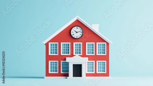 Fototapeta Stylized 3D education icon featuring a clean modern school building with a clock on a white background  This graphic represents learning academia and the concept of education in a minimalist