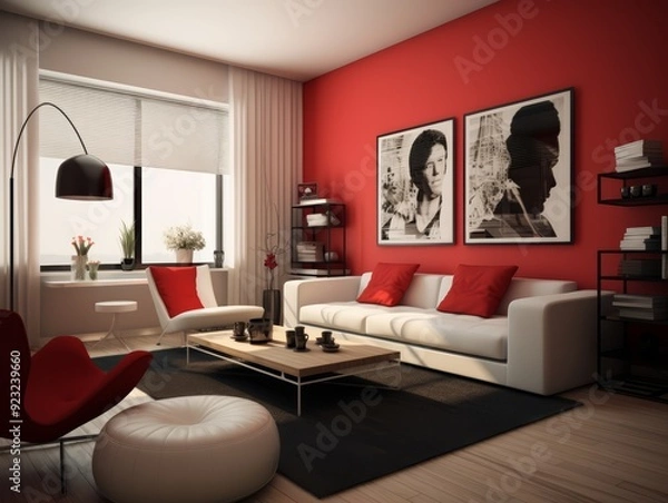 Fototapeta Modern living room interior design with red wall, white couch, red armchair, and black and white pictures.