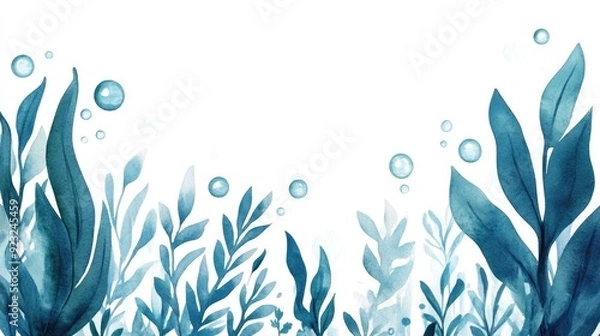 Fototapeta Cheerful and whimsical watercolor of an underwater scene featuring cute seaweed and bubbles perfect for nursery decor and kids  spaces