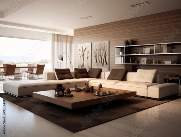 Fototapeta Modern living room with white sectional sofa, wood coffee table, and view of mountains.