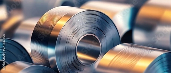 Fototapeta Close-up view of metallic rolls showcasing reflective surfaces, ideal for industrial and manufacturing themes.