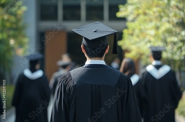 Fototapeta Back view of a male graduate student wearing a black graduation gown and cap, standing in front of a college building with other students during a ceremony.