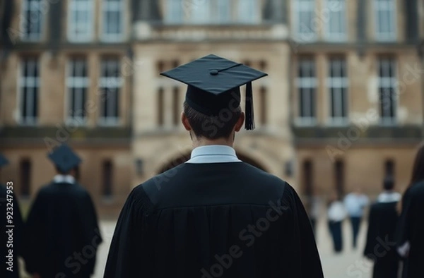 Fototapeta Back view of a male graduate student wearing a black graduation gown and cap, standing in front of a college building with other students during a ceremony.
