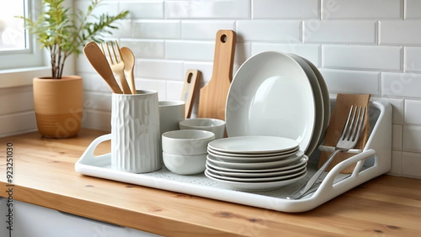 Fototapeta Dish rack holds many dishes and cups against wooden countertop, white wall tiles, sink and faucet. Budget and lightweight antimicrobial dish drainer with drain board at modern scandinavian kitchen