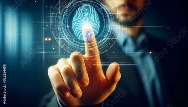 Obraz Virtual holographic fingerprint recognition system concept. Digital security, biometric technology. generative AI