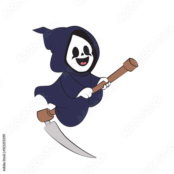 Fototapeta Cute happy grim reaper cartoon riding on its scythe. Vector illustration for tshirt, website, print, clip art, poster and custom print on demand merchandise.