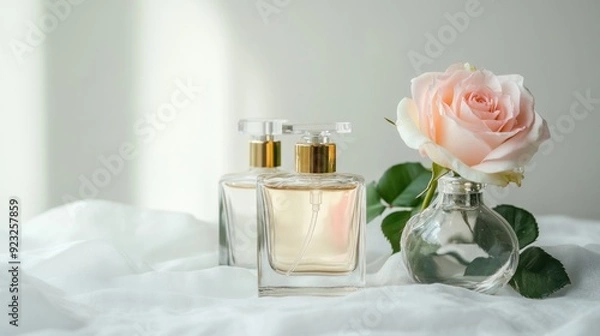 Fototapeta Perfume Bottles and Rose on White Fabric