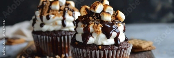 Fototapeta Graham cracker cupcakes topped with toasted marshmallows and chocolate syrup