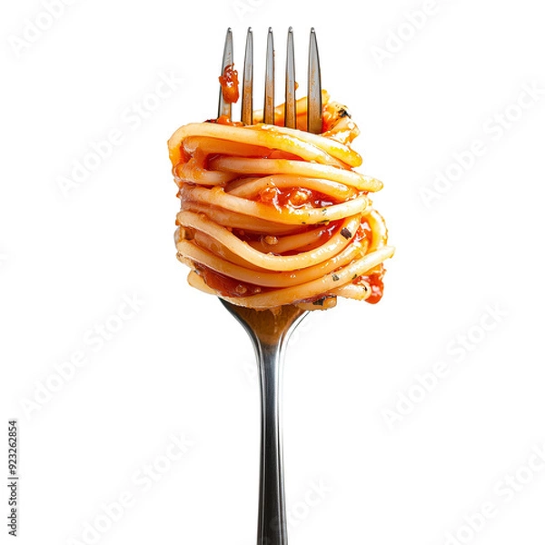 Fototapeta Appetizing spaghetti rolled on fork with typical Italian sauce isolated on transparent or white background