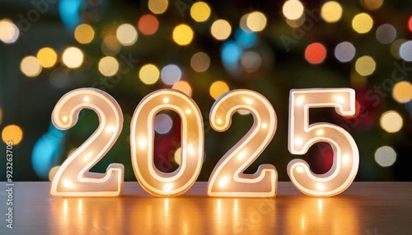 Fototapeta Neon sign showing 2025 with christmas tree lights reflecting on the table