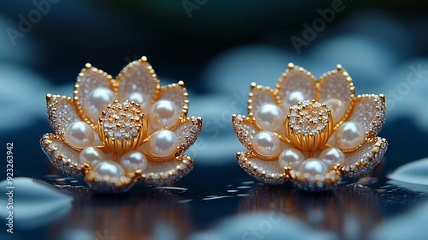 Fototapeta Elegant pearl and gold lotus earrings displayed on a reflective surface