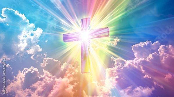 Fototapeta Bright cross shining amidst a colorful sky with fluffy clouds, symbolizing hope and faith
