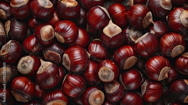 Fototapeta A close-up view of roasted chestnuts with shiny, rich brown shells, perfect for autumn and festive culinary presentations.
