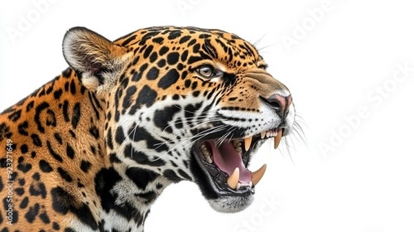 Fototapeta Fierce jaguar roaring against a white background in a studio setting