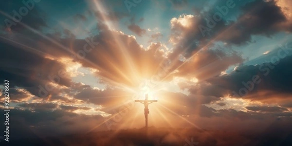 Fototapeta A man in a cross is flying through the sky by AI generated image