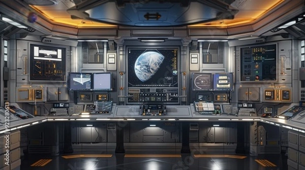 Fototapeta Galactic Adventure Kid's Room Space Explorer Command Center with Monitors Control Panel and Rocket Model
