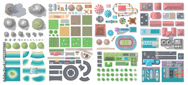 Obraz Top view of a set of isolated vector colour illustrations to create an urban space: airport, seaport, roads, houses, hills, lawns, coastline, sea, reservoirs, railway, park, stadium. View from above.