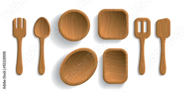 Obraz A set of kitchen accessories made of natural wood: spoon, fork, spatula, plate round, square, rectangular, oval. Top view, vector illustration
