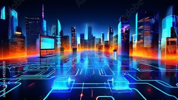 Fototapeta Vibrant Illustration of Online Interfaces: Social Media, Fintech, E-commerce, Influencers – Dynamic Digital Stream of Platforms Showcasing Modern Technology, Connectivity, and Online Interaction