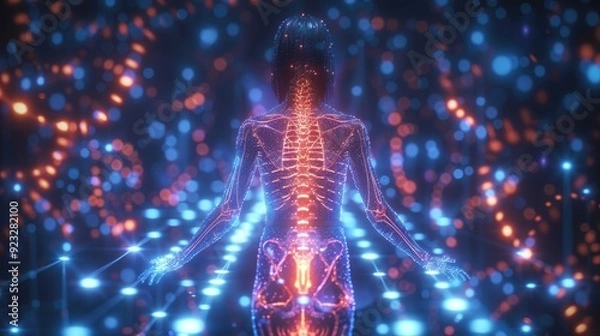 Fototapeta A woman's body is made of glowing lights and is surrounded by a blue background