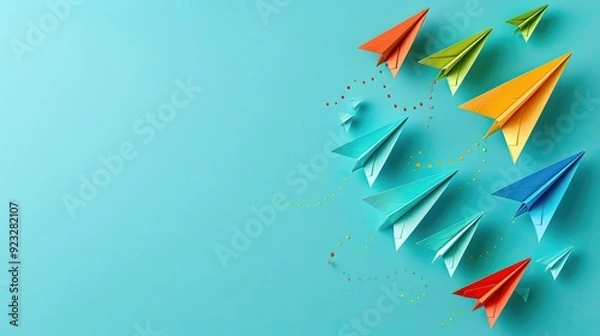 Fototapeta A blue background with a bunch of colorful paper airplanes flying in the air