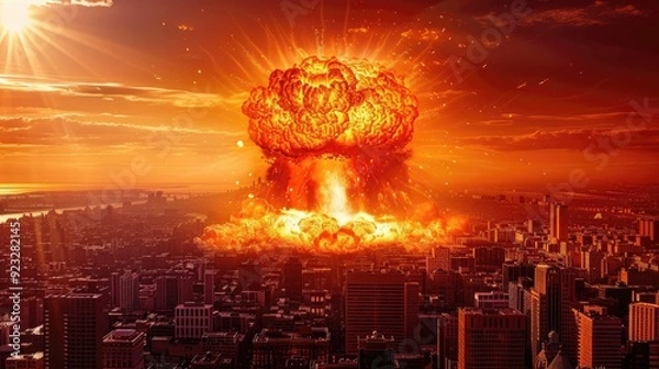 Fototapeta A city is shown with a large explosion in the sky
