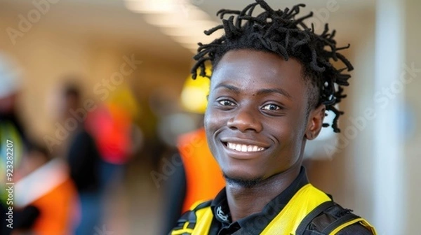 Fototapeta A man with dreadlocks and a yellow vest is smiling