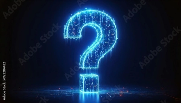 Fototapeta digital blue question mark in neon style with a dark background representing uncertainty and inquiry in tech industry technology question