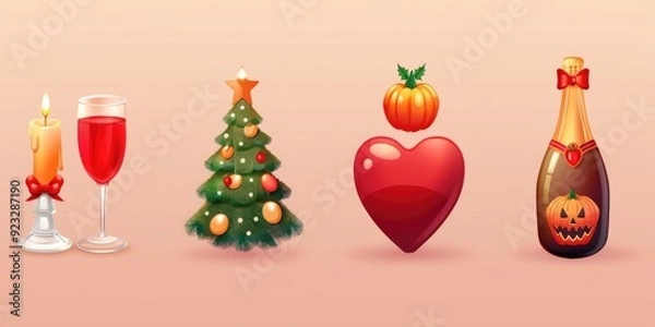 Fototapeta icon with a christmas tree and pumpkin and easter egg and candle and champagne bottle and red heart, red, realistic, clean, modern, flat design, 100% no background