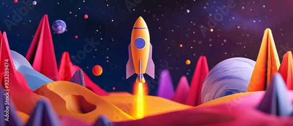 Fototapeta Colorful Rocket Launch on a Surreal Landscape with Planets