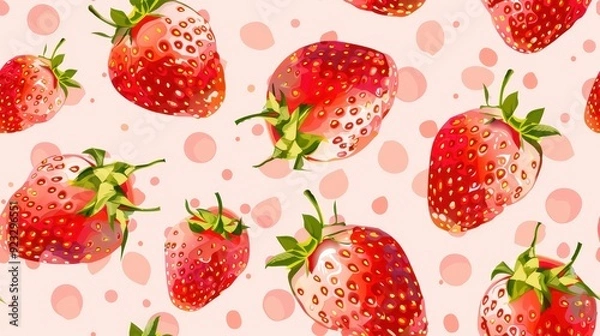 Fototapeta Playful seamless pattern featuring stylized strawberries with navy leaves and dots on a pink background. Perfect for modern, fun, and whimsical designs.