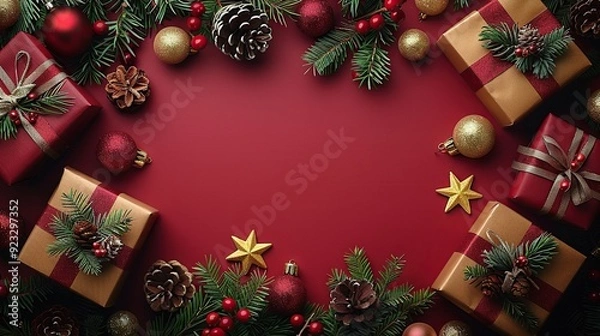 Fototapeta christmas frame gift boxes with xmas tree branches golden stars,baubles on red background flat lay top view copy space christmas banner mockup festive website header template.