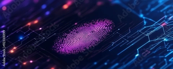 Fototapeta A vivid digital fingerprint on a futuristic circuit board background, symbolizing advanced security and technology integration.