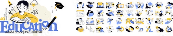 Fototapeta Education. People vector illustrations in various activities of education, learning, reading book, online course and training, back to school, distance education, e-learning, video tutorial, study.