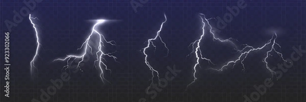 Fototapeta Set of the isolated realistic lightnings with transparency for design. Thunder-storm and lightnings. Magic and bright lighting effects. Natural effects