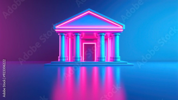 Fototapeta 3D rendering illustration of glowing neon pink and blue classic ancient Greek temple with columns isolated on dark background.