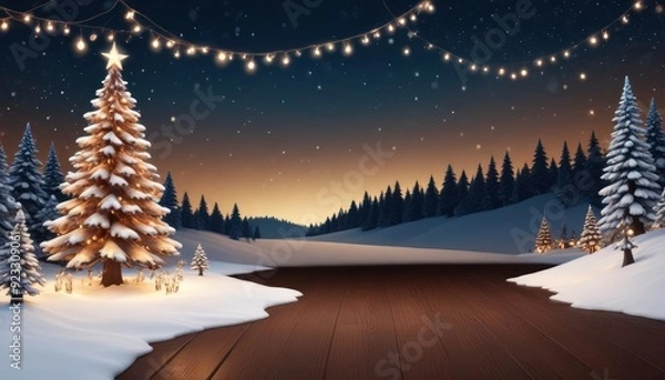 Fototapeta merry christmas background featuring a snow-covered landscape with a decorated pine tree on the left, twinkling fairy lights, and a clear blue sky, ample copy space on the right, intense dark, ai