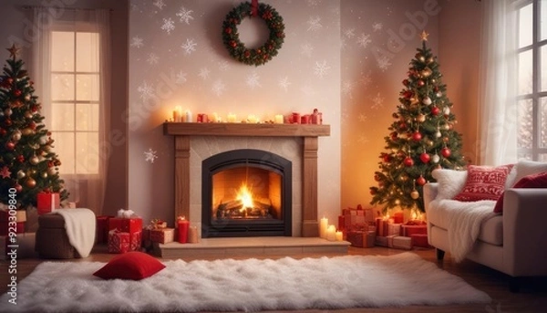 Fototapeta festive Christmas background with cozy living room view, burning fireplace, stockings hanging on the mantle, and large window showing falling snowflakes, ai