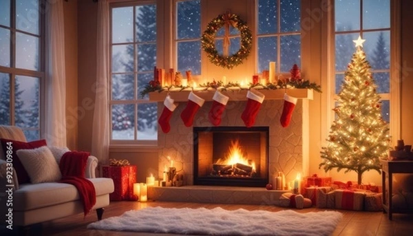 Fototapeta festive Christmas background with cozy living room view, burning fireplace, stockings hanging on the mantle, and large window showing falling snowflakes, ai