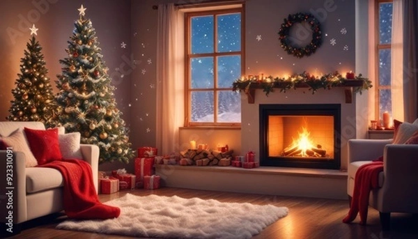 Fototapeta festive Christmas background with cozy living room view, burning fireplace, stockings hanging on the mantle, and large window showing falling snowflakes, ai