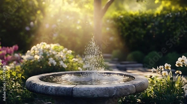 Obraz Soft natural light illuminating a peaceful garden with a small stone fountain.