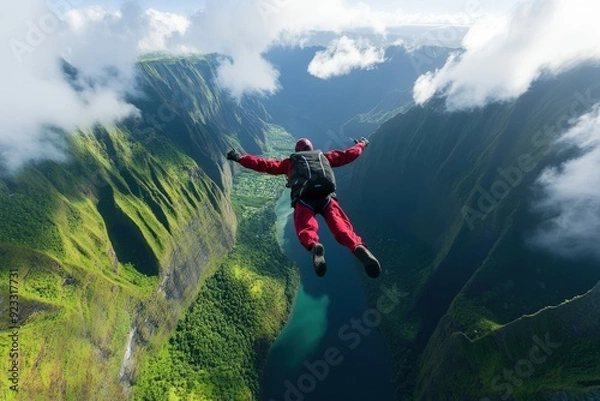 Fototapeta A skydiver in a red suit soars above a breathtaking scenic valley with lush green mountains and a winding river, capturing the thrill and freedom of skydiving in an open sky.
