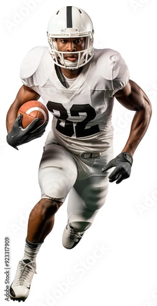 Fototapeta An American football player in a white helmet and uniform runs with a full-length ball in his hands. Transparent isolated background
