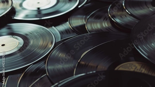 Fototapeta A mesmerizing collection of vintage vinyl records, elegantly scattered and overlapping, reflecting a nostalgic love for classic music and analog sound.