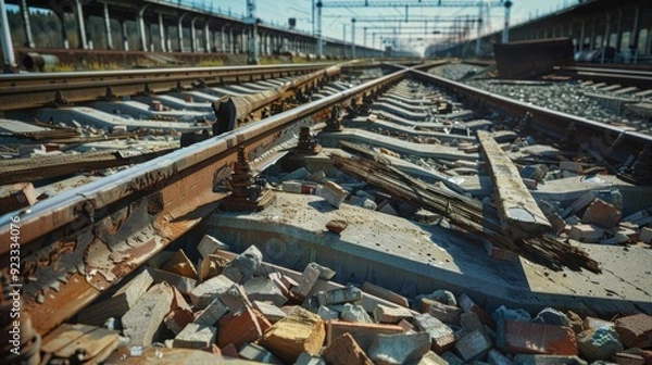 Fototapeta Abandoned railroad tracks with scattered debris, leading into the distance, evoking a sense of decay and forgotten paths.